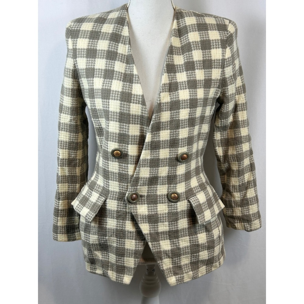 Albert Nipon Suits Vintage Plaid Blazer Womens 8 Cream Taupe Double Breasted